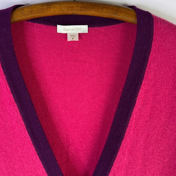 Garnet Hill 100% cashmere pink purple trim cardigan pocket sweater size medium - Picture 4 of 5